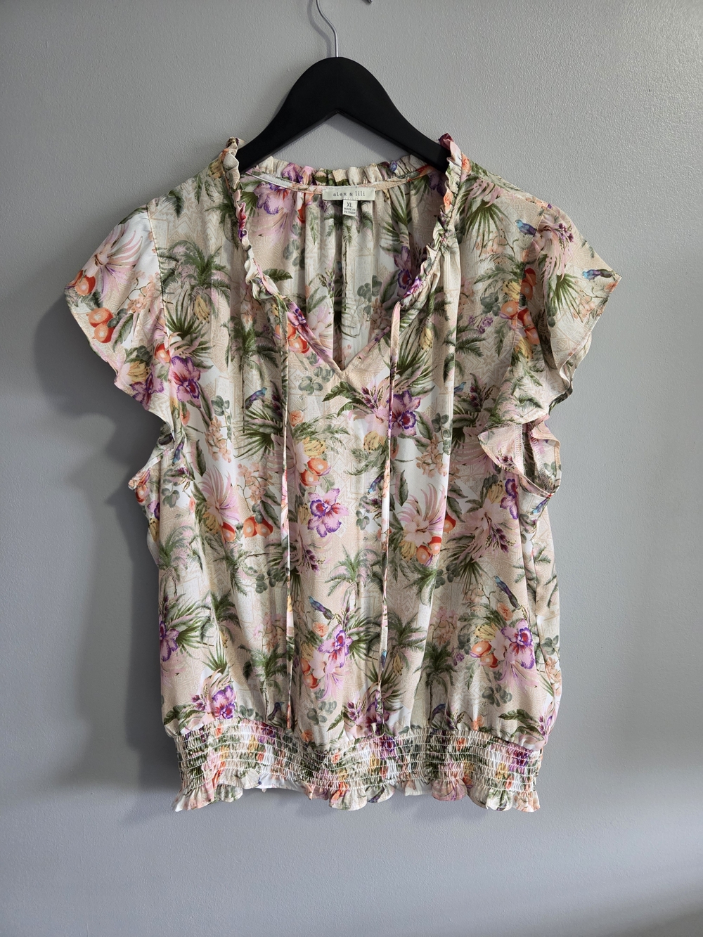 Alex & Lili Tropical Floral Smocked Waist Flutter Sleeve Blouse / XL